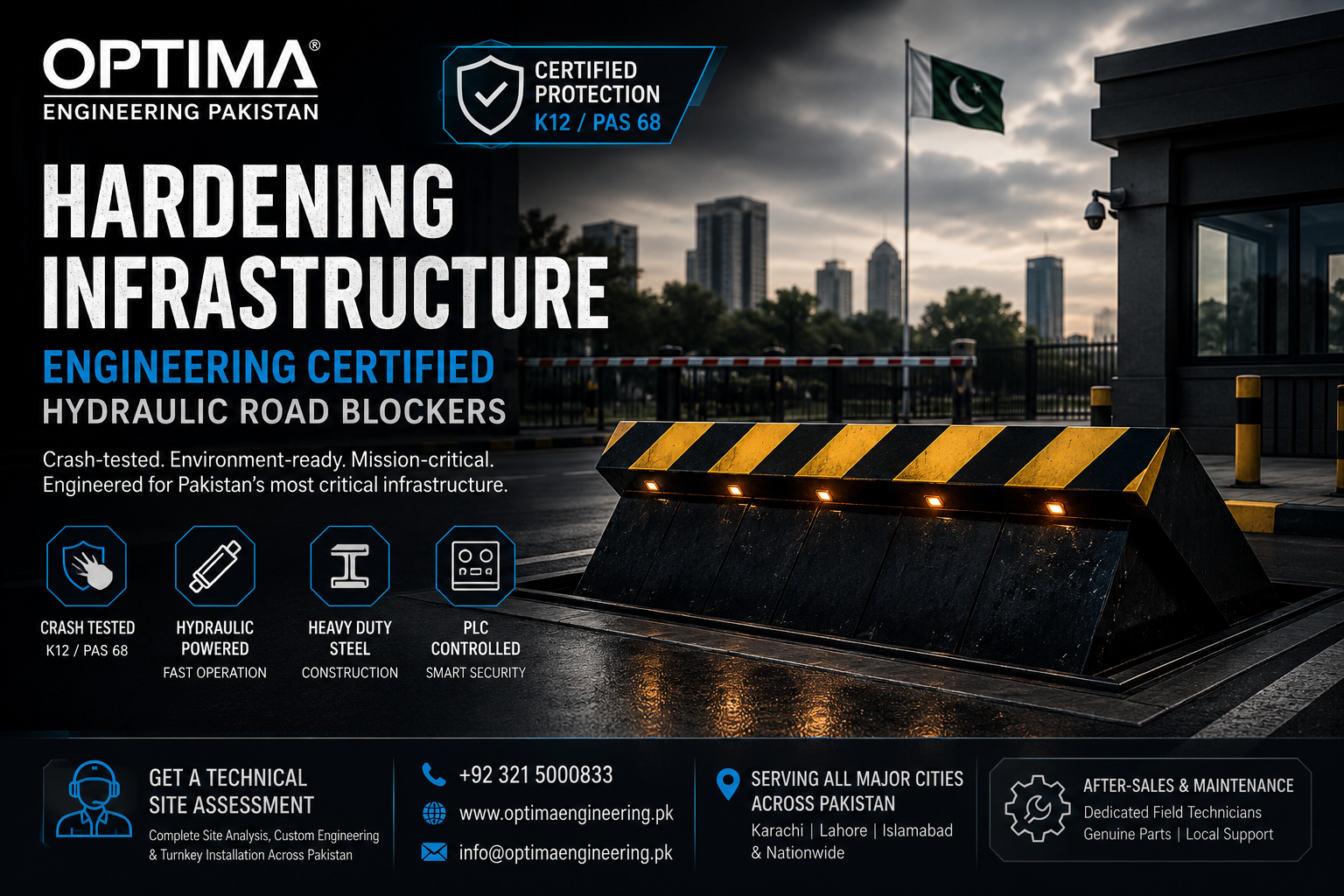 Deep-mount K12 certified hydraulic road blocker deployed at a high-security facility checkpoint in Pakistan