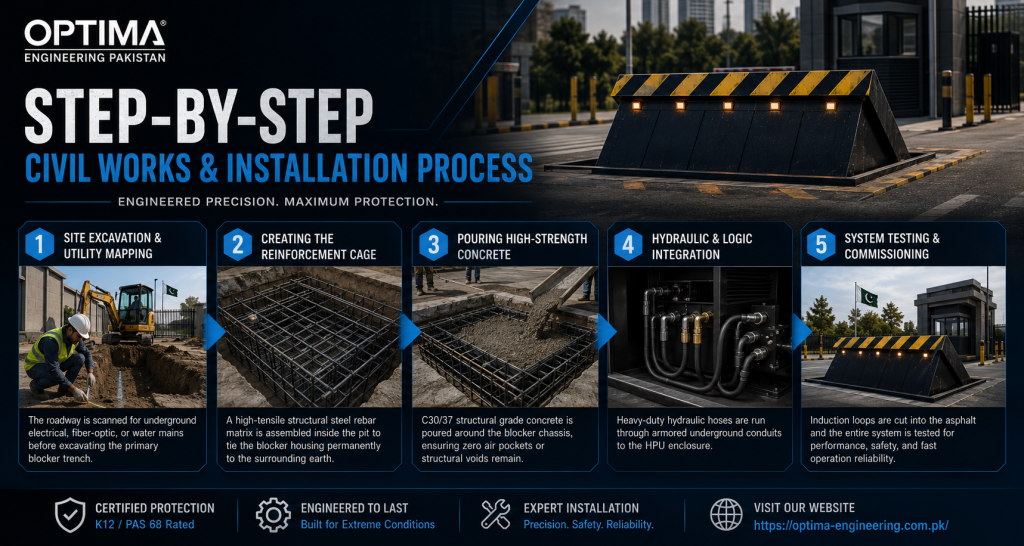 Civil engineering foundation pit and drainage layout for hydraulic road blocker installation